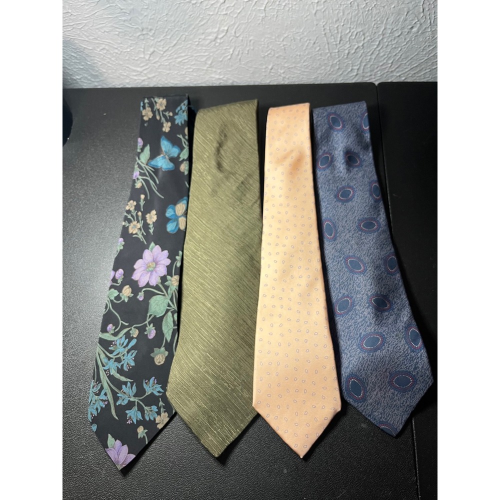 Geoffrey Beene Mens Silk Tie Lot‎ 4pc Floral Textured Geometric Blue Green Peach